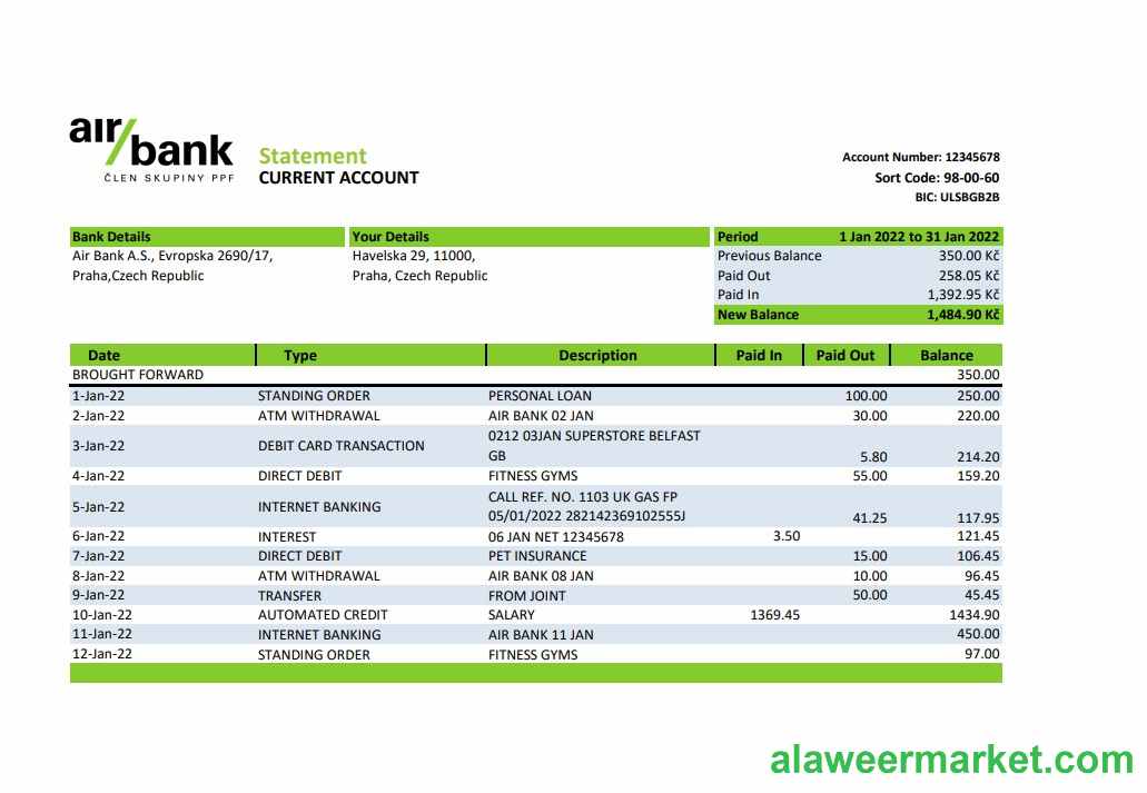 Czechia Air bank statement xls